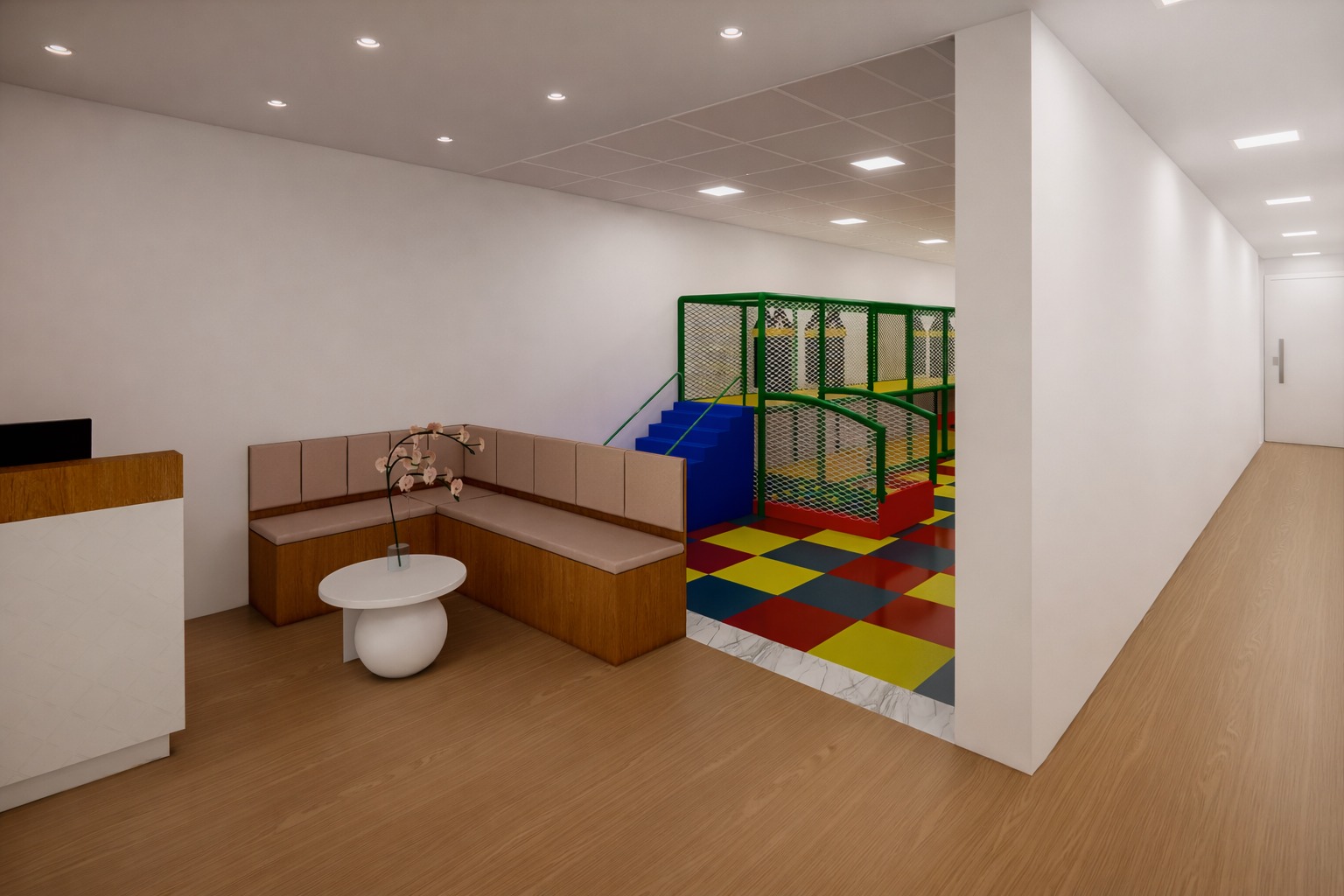 Renderização da recepção e do hall da Área Kids da Catedral da Família