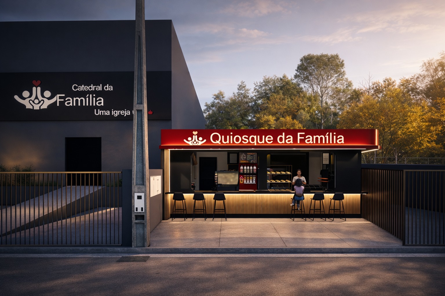 Renderização do Quiosque da Família junto à fachada da Catedral da Família